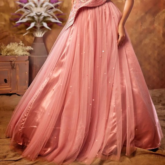 Wear better, look better. Peach Net Designer Handworked Gown - Picture 2 of 2